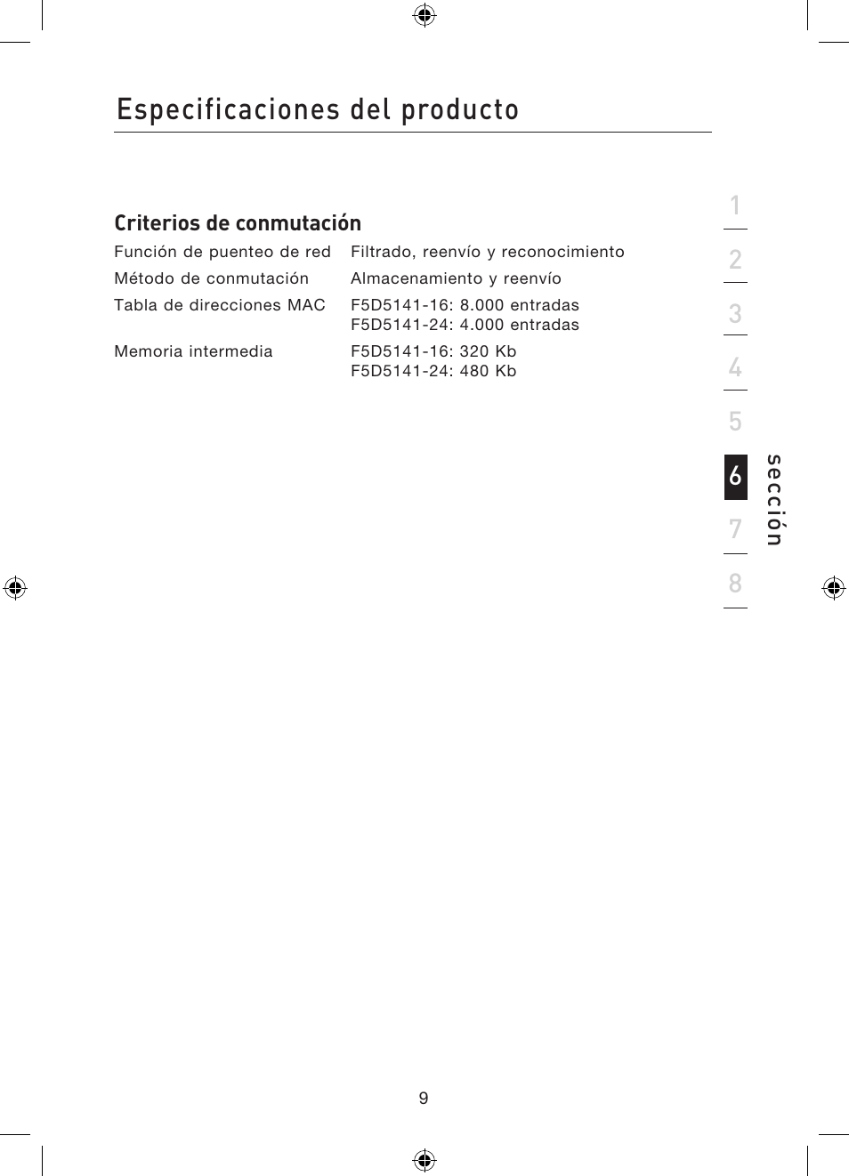 Especificaciones del producto | Belkin Gibagbit Switch F5D5141uk16 User Manual | Page 87 / 266