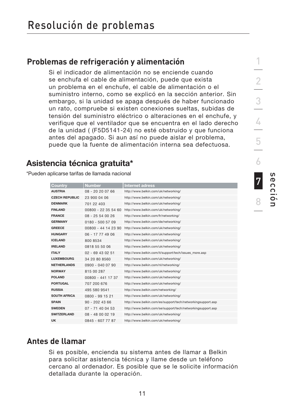 Resolución de problemas, Se cc ió n, Problemas de refrigeración y alimentación | Antes de llamar, Asistencia técnica gratuita | Belkin Gibagbit Switch F5D5141uk16 User Manual | Page 89 / 266