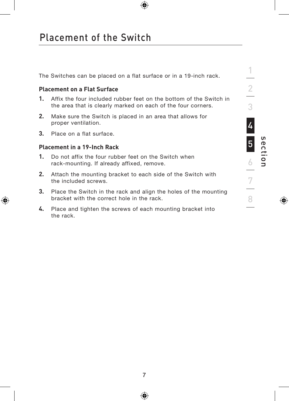 Placement of the switch, Se ct io n | Belkin Gibagbit Switch F5D5141uk16 User Manual | Page 9 / 266