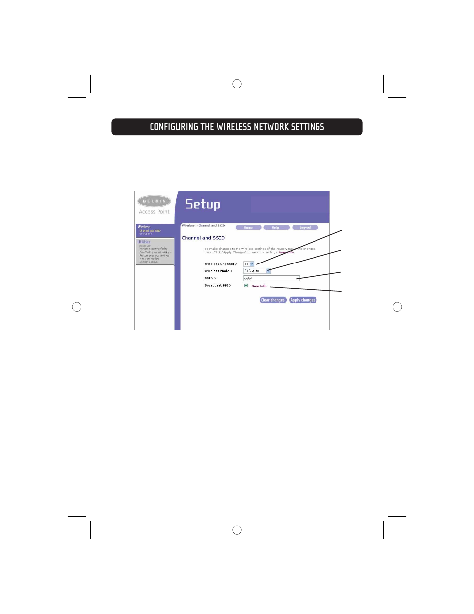 Configuring the wireless network settings | Belkin F5D7130 User Manual | Page 15 / 36