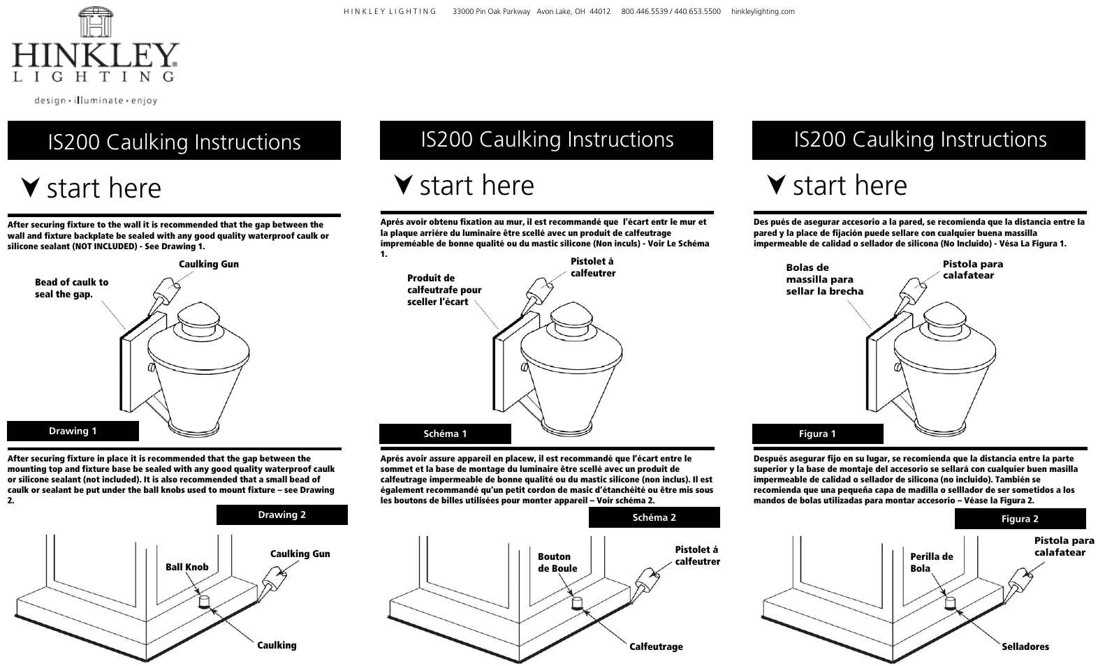 Start here, Is200 caulking instructions | Hinkley Lighting MANHATTAN 2231 User Manual | Page 3 / 3