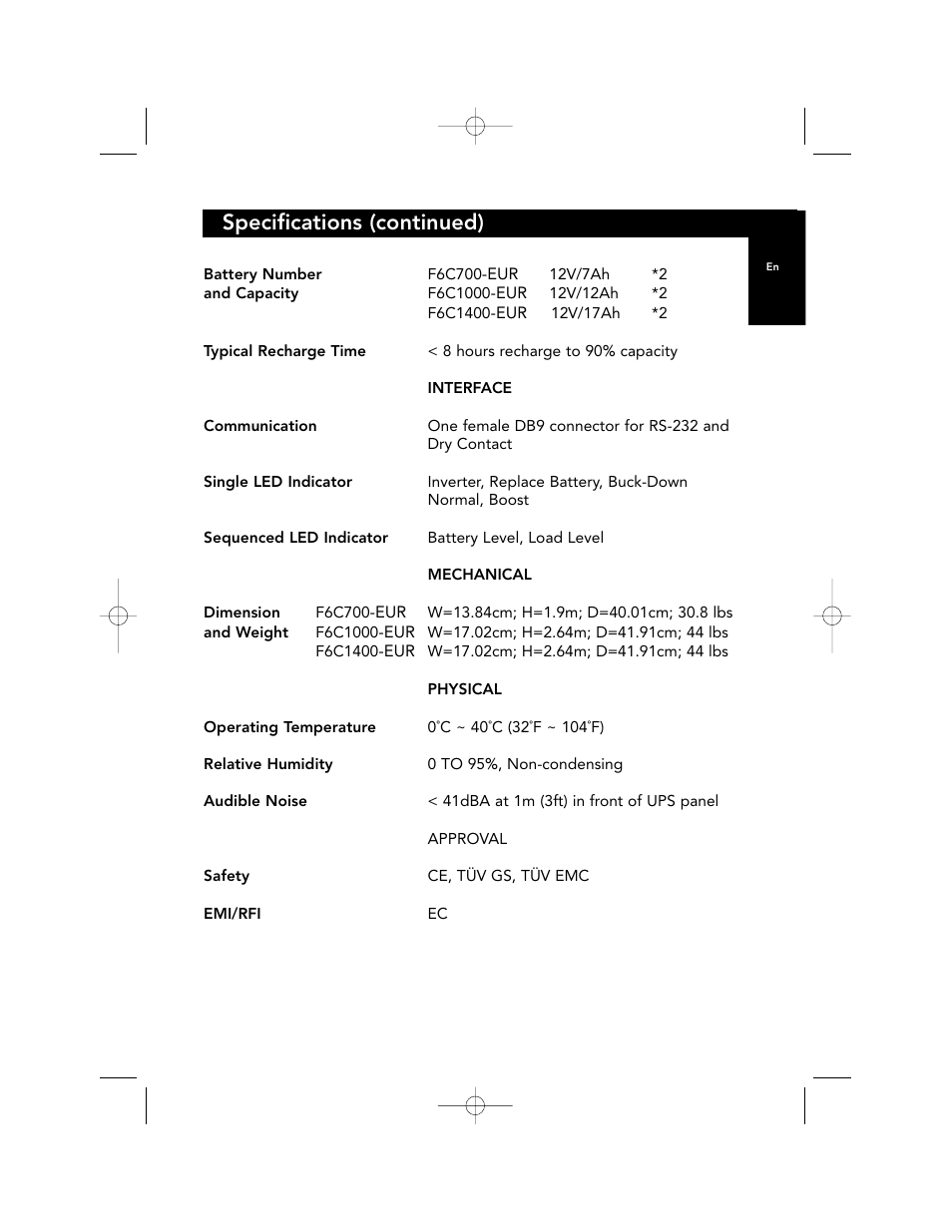 Specifications (continued) | Belkin F6C700-EUR User Manual | Page 29 / 92