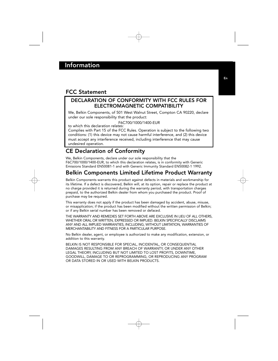 Information, Fcc statement, Ce declaration of conformity | Belkin F6C700-EUR User Manual | Page 31 / 92