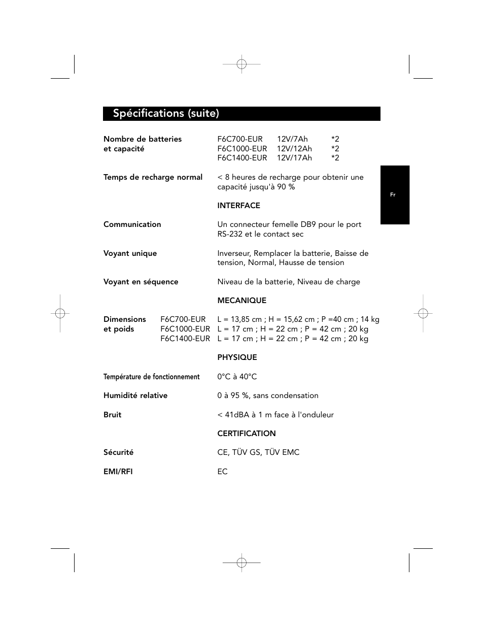 Spécifications (suite) | Belkin F6C700-EUR User Manual | Page 59 / 92