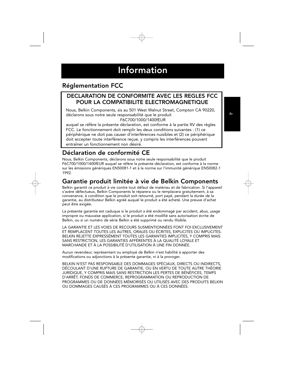 Information, Réglementation fcc, Déclaration de conformité ce | Belkin F6C700-EUR User Manual | Page 61 / 92