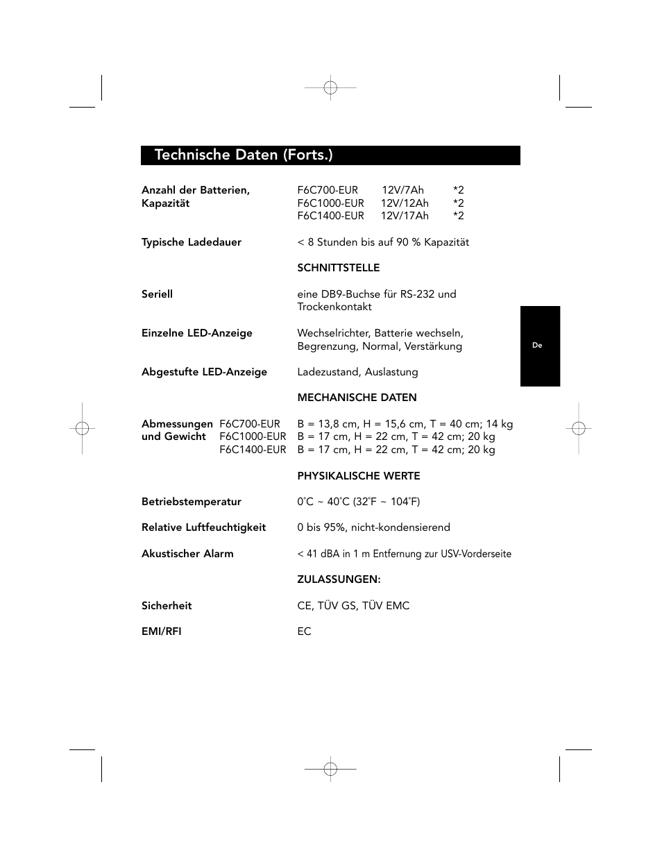 Technische daten (forts.) | Belkin F6C700-EUR User Manual | Page 89 / 92