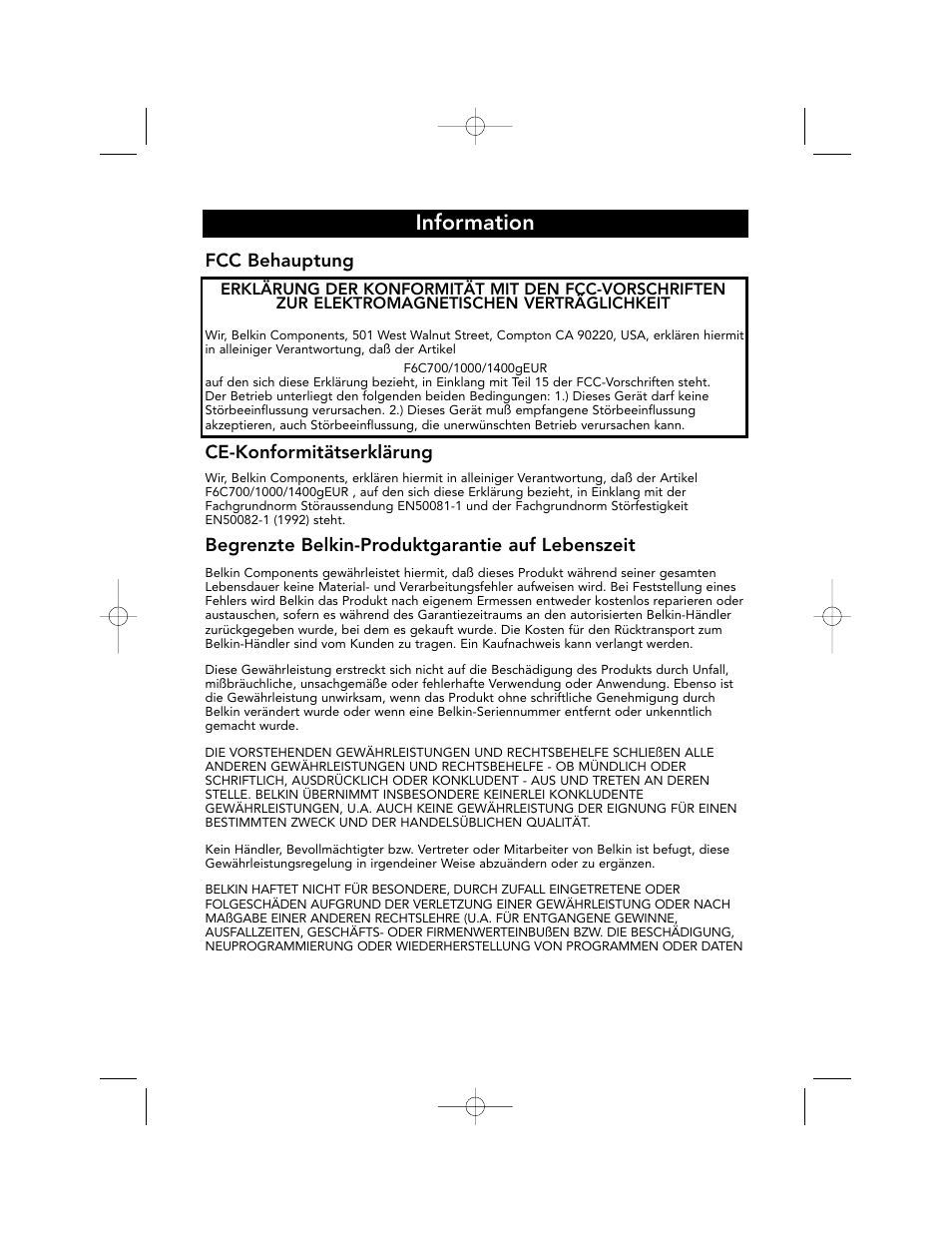 Information, Fcc behauptung, Ce-konformitätserklärung | Begrenzte belkin-produktgarantie auf lebenszeit | Belkin F6C700-EUR User Manual | Page 91 / 92