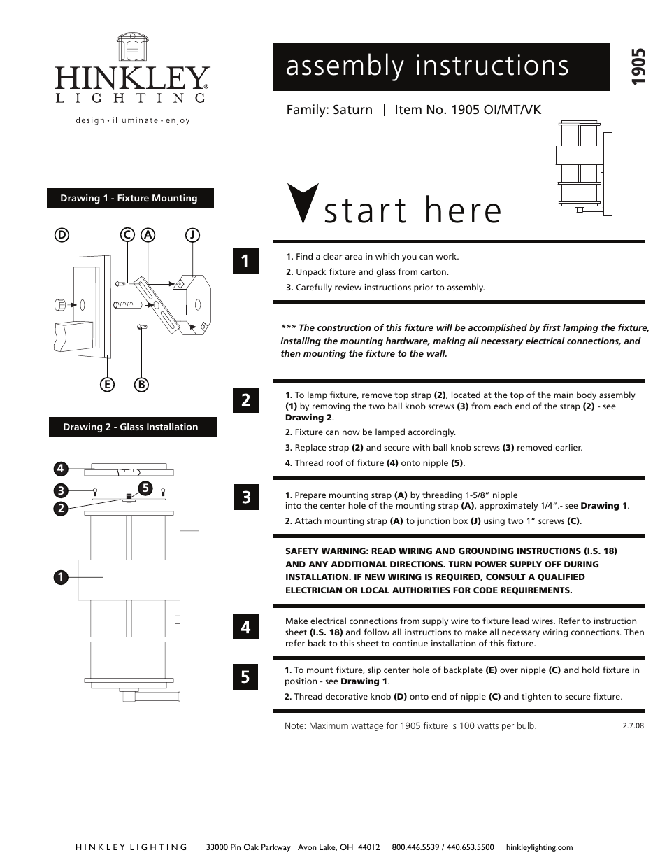 Hinkley Lighting SATURN 1905 User Manual | 3 pages