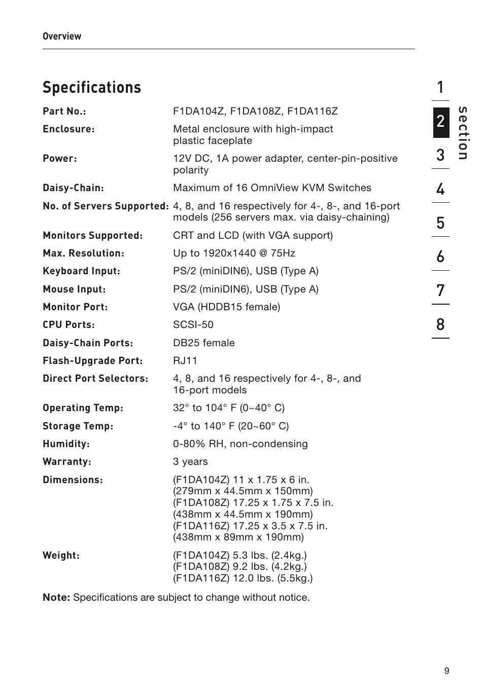 Specifications, Se ct io n | Belkin F1DA108Z User Manual | Page 11 / 48