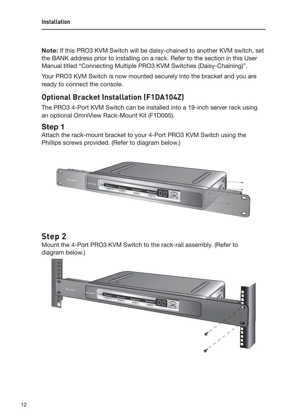 Step 2, Optional bracket installation (f1da104z), Step 1 | Belkin F1DA108Z User Manual | Page 14 / 48