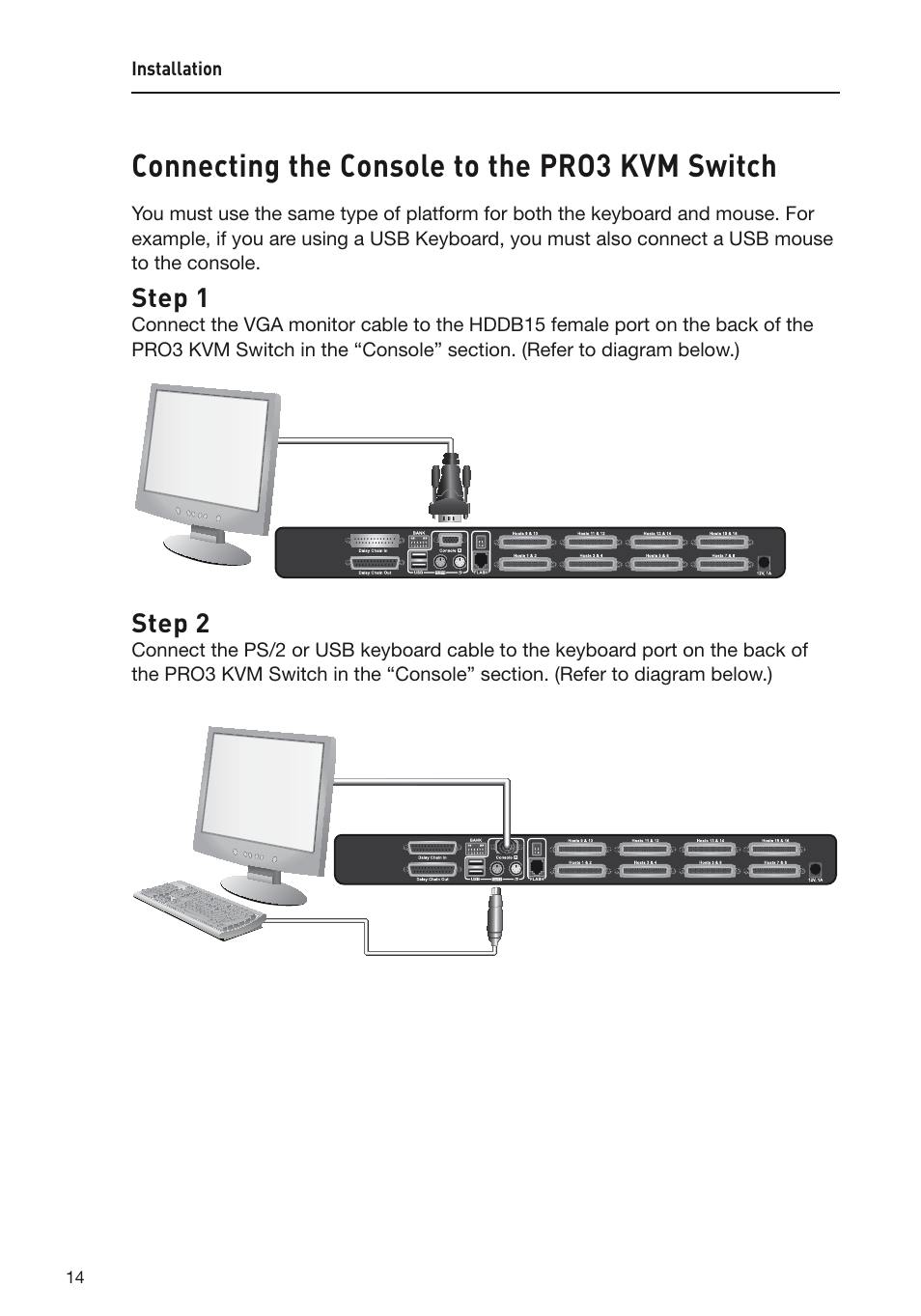 Connecting the console to the pro3 kvm switch, Step 1, Step 2 | Belkin F1DA108Z User Manual | Page 16 / 48