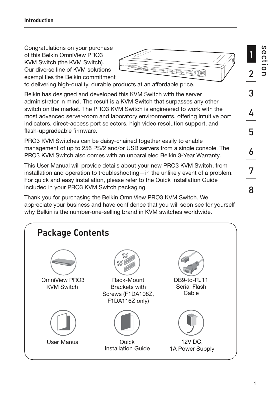 Package contents, Se ct io n | Belkin F1DA108Z User Manual | Page 3 / 48