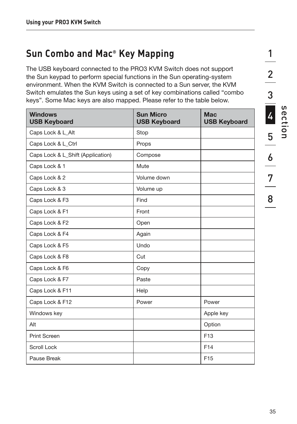 Sun combo and mac, Key mapping, Se ct io n | Belkin F1DA108Z User Manual | Page 37 / 48