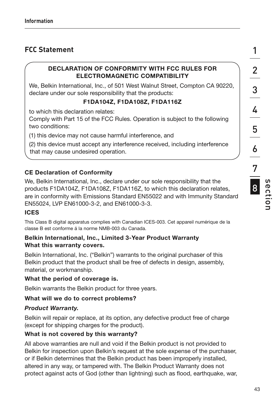 Se ct io n | Belkin F1DA108Z User Manual | Page 45 / 48