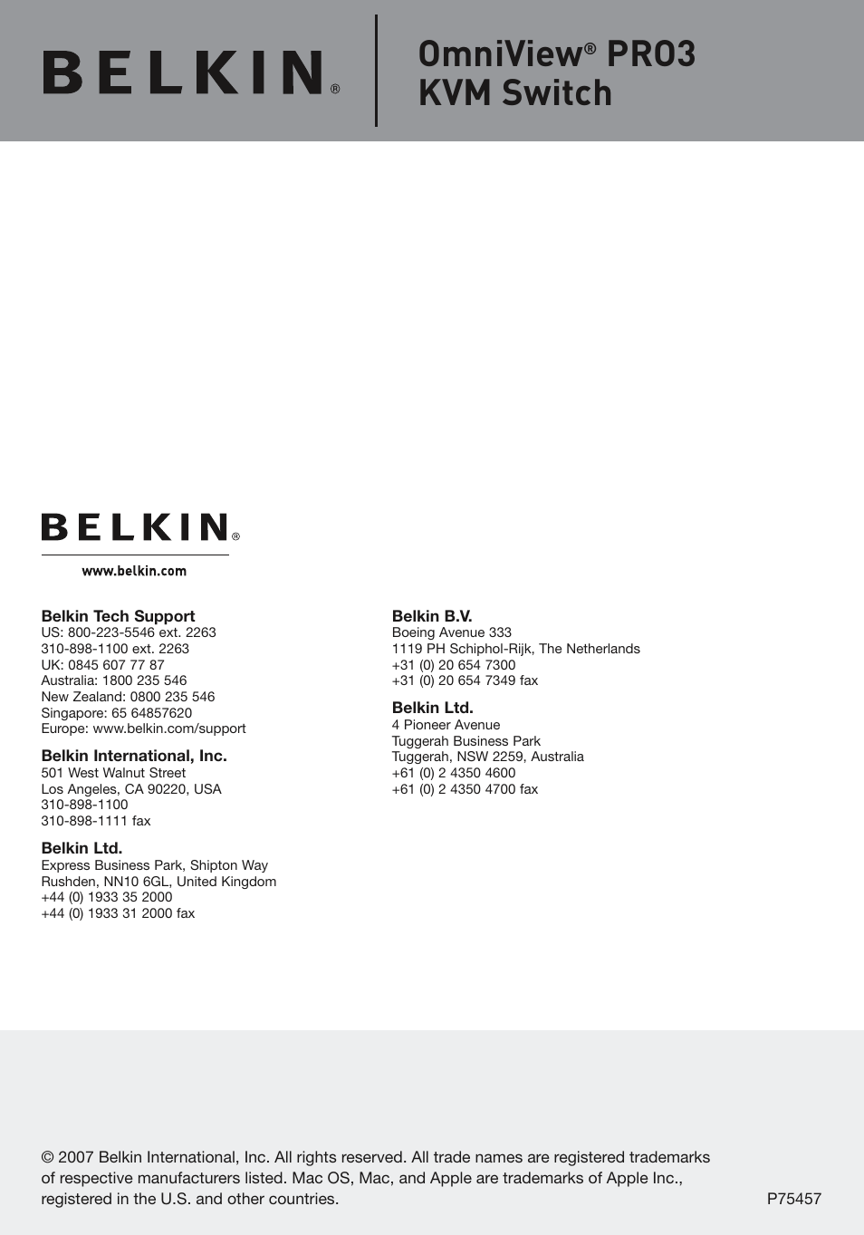 Omniview, Pro3 kvm switch | Belkin F1DA108Z User Manual | Page 48 / 48
