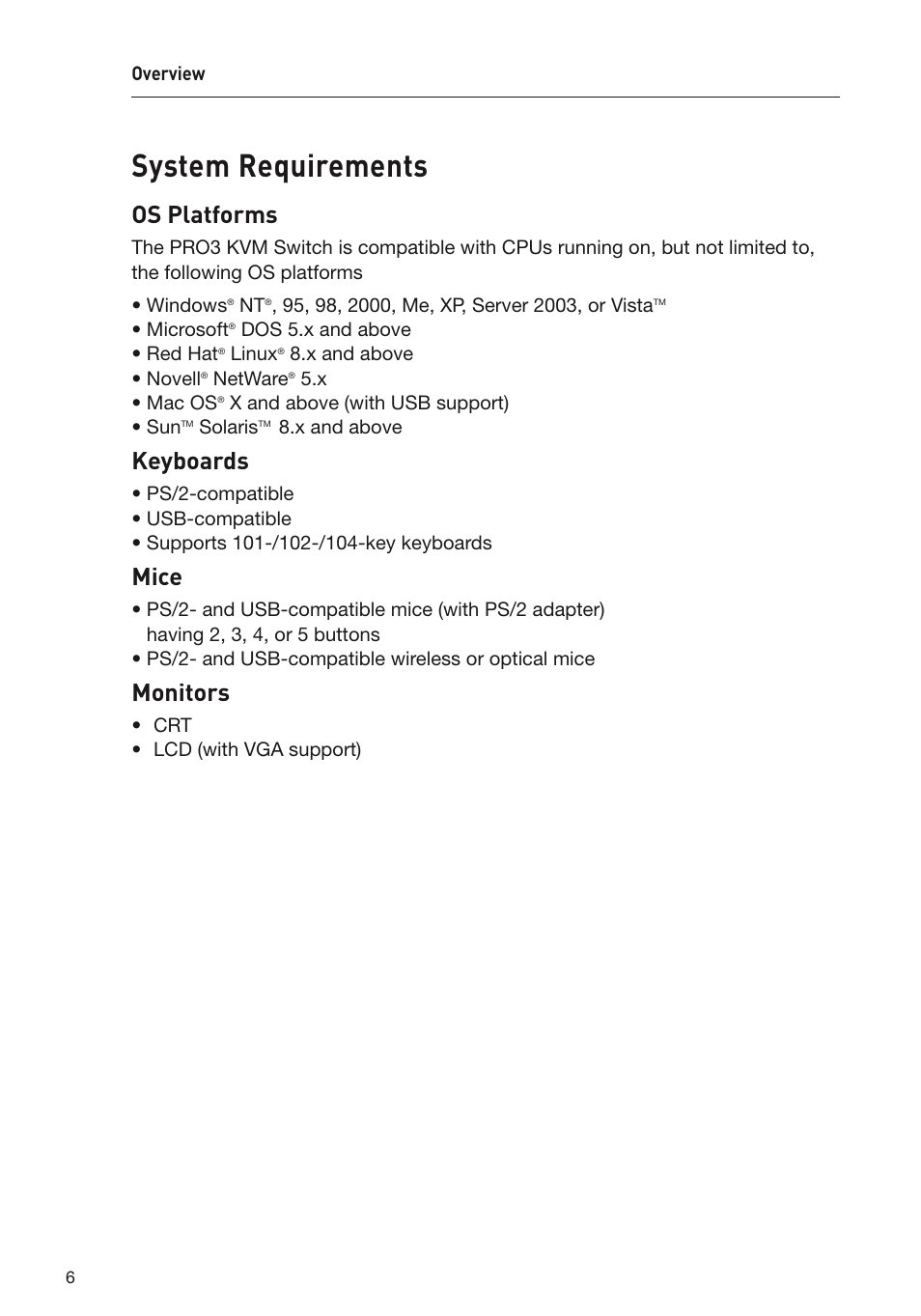 System requirements, Os platforms, Keyboards | Mice, Monitors | Belkin F1DA108Z User Manual | Page 8 / 48