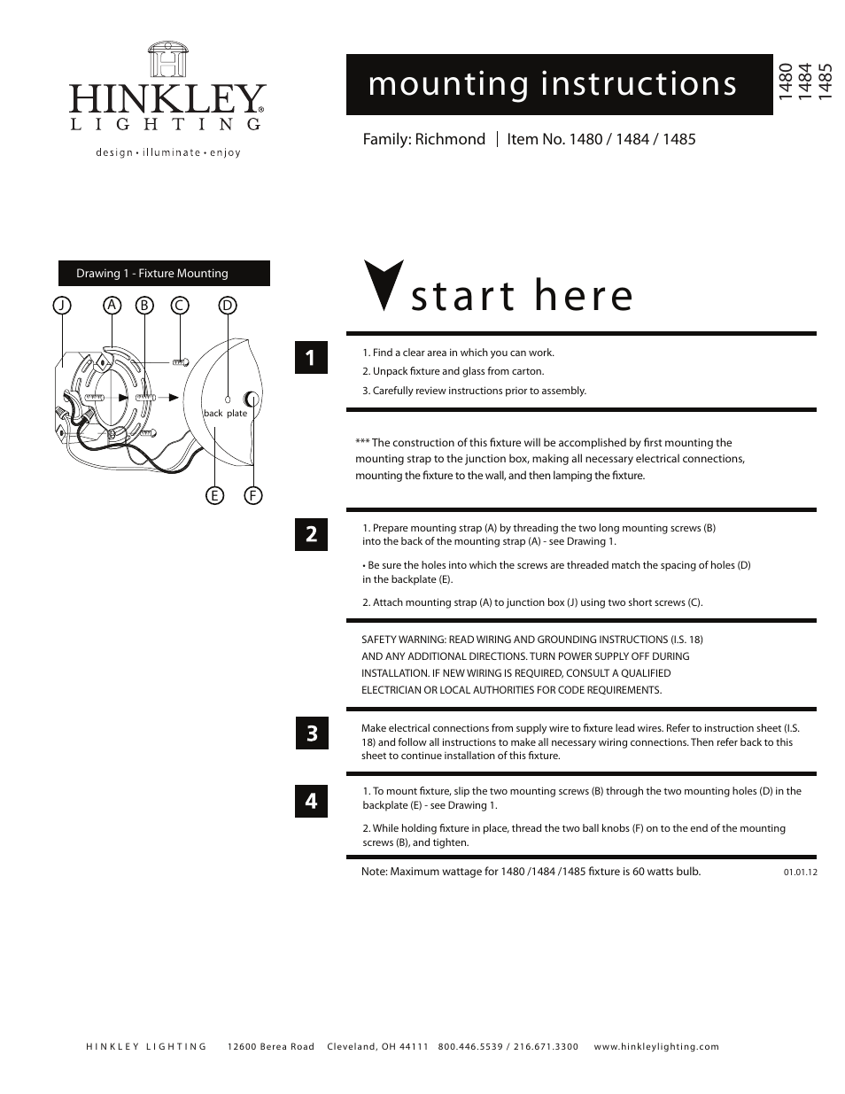 1840 44 45 mounting is, Star t here, Mounting instructions | Hinkley Lighting RICHMOND 1485 User Manual | Page 2 / 4