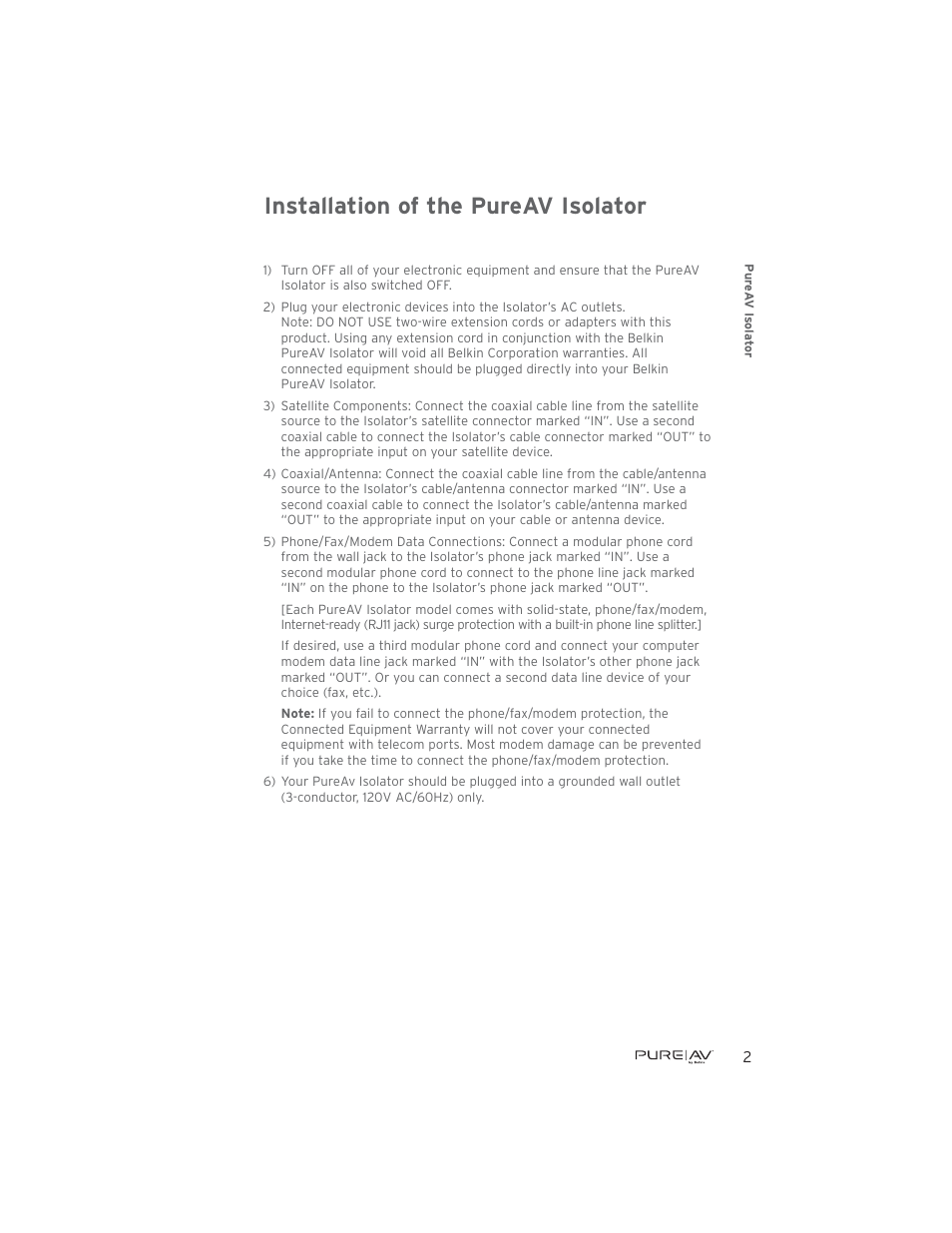 Installation of the pureav isolator | Belkin F9A1033-12 User Manual | Page 3 / 8