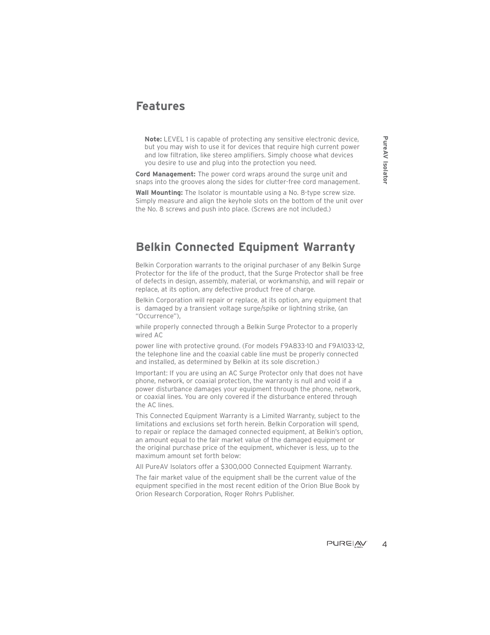 Features, Belkin connected equipment warranty | Belkin F9A1033-12 User Manual | Page 5 / 8