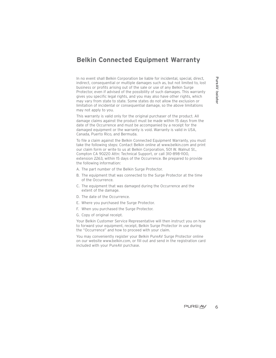Belkin connected equipment warranty | Belkin F9A1033-12 User Manual | Page 7 / 8