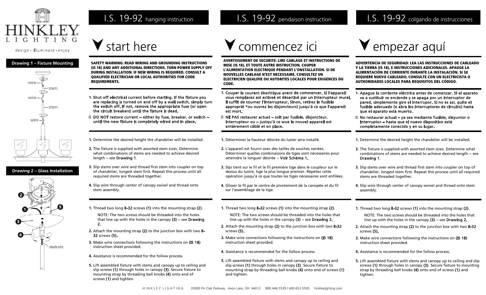 Start here, Commencez ici, Empezar aquí | I.s. 19-92 | Hinkley Lighting BLAKELY 3797KZ User Manual | Page 2 / 3