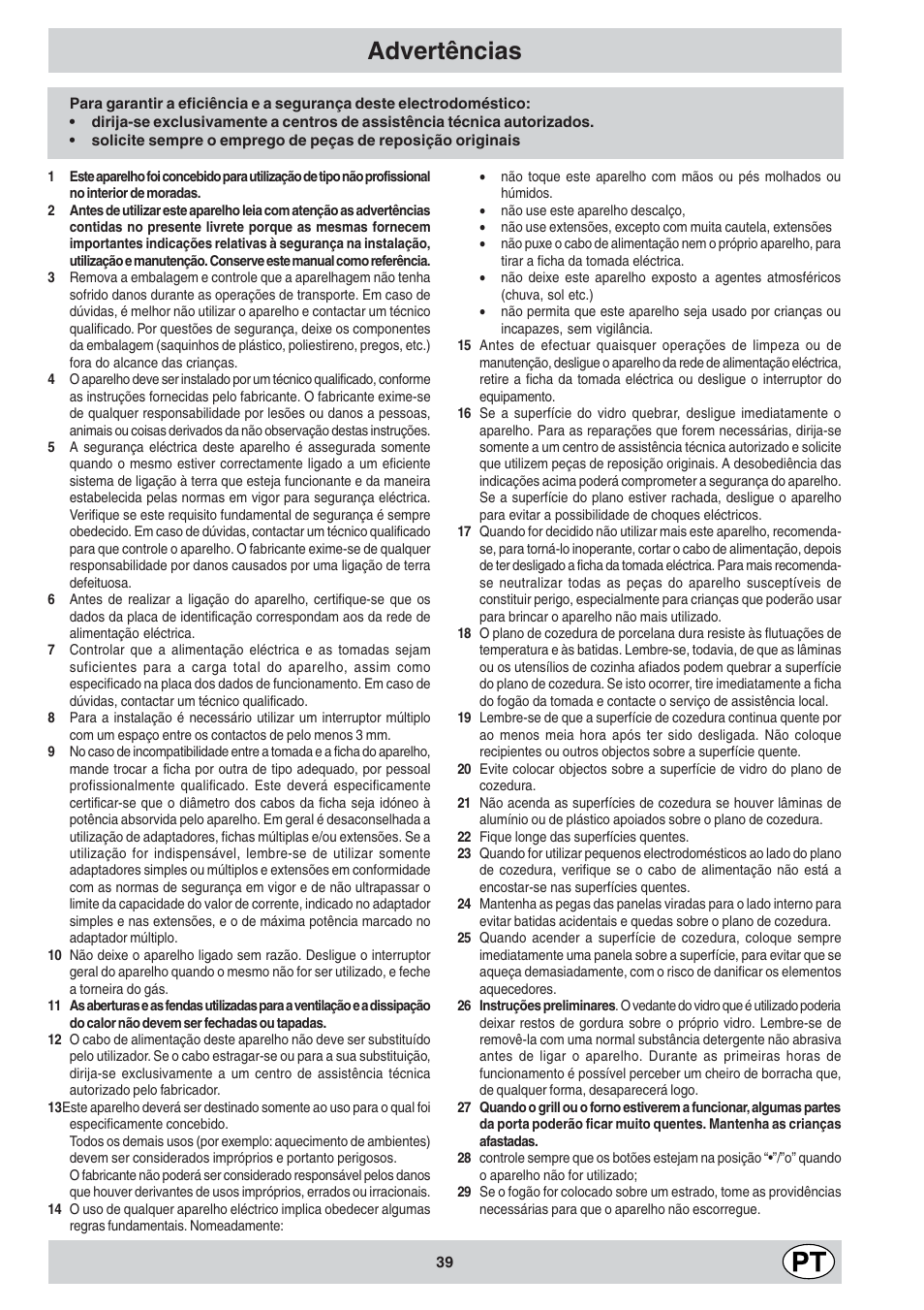 Advertências | Indesit K6 C10/R User Manual | Page 40 / 48