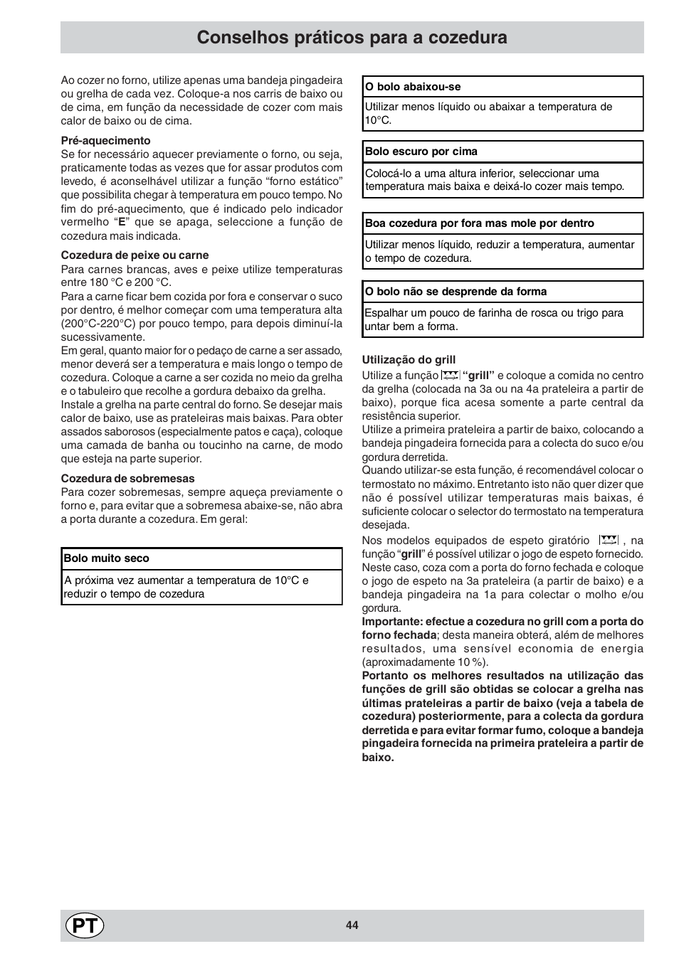Conselhos práticos para a cozedura | Indesit K6 C10/R User Manual | Page 45 / 48