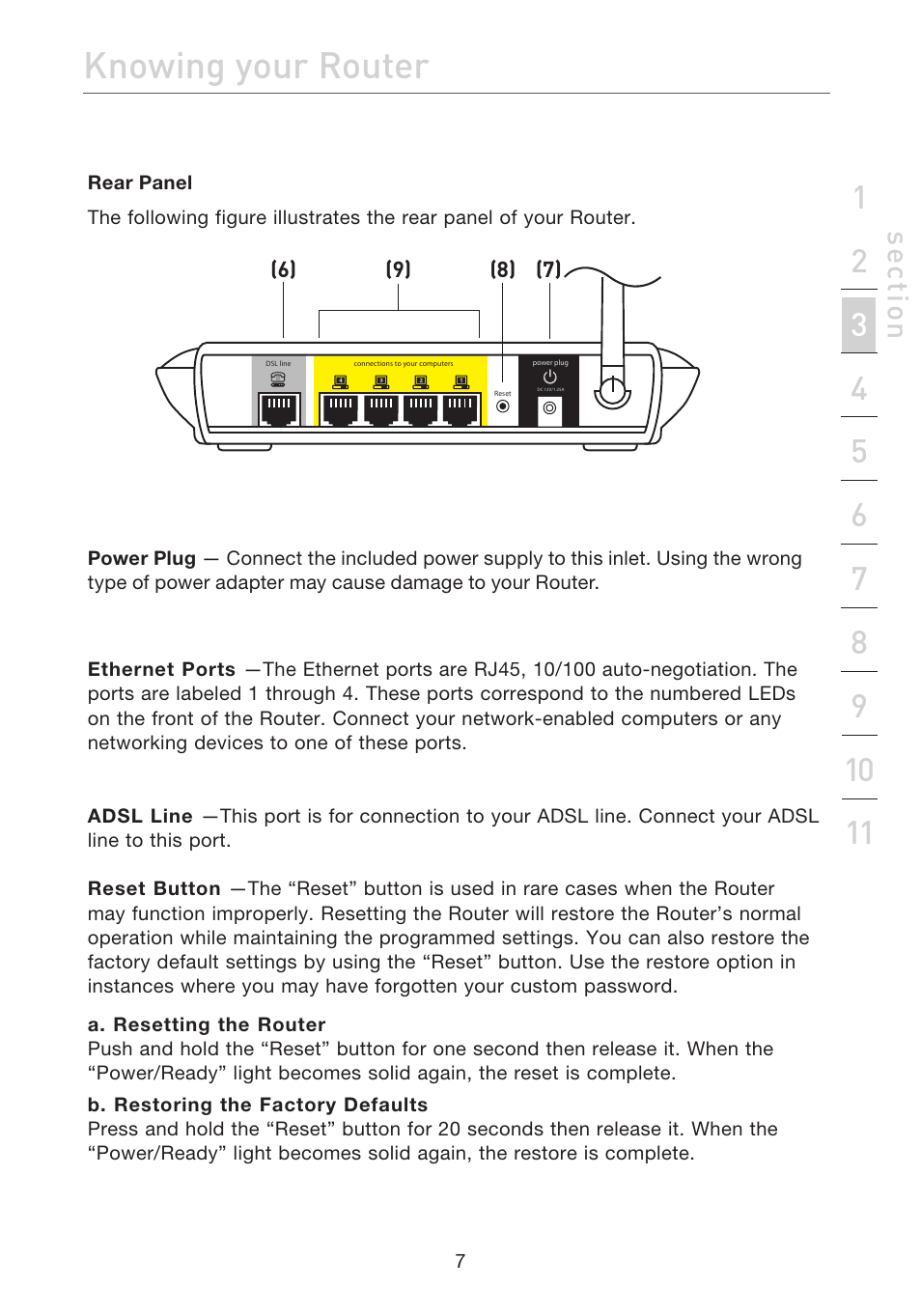 Knowing your router, Se ct io n | Belkin ADSL2+ Modem with Wireless G Router F5D7632uk4A User Manual | Page 11 / 86