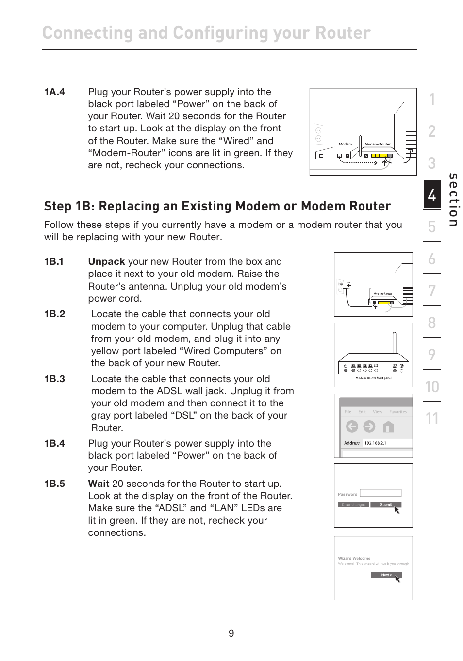 Connecting and configuring your router, Se ct io n | Belkin ADSL2+ Modem with Wireless G Router F5D7632uk4A User Manual | Page 13 / 86