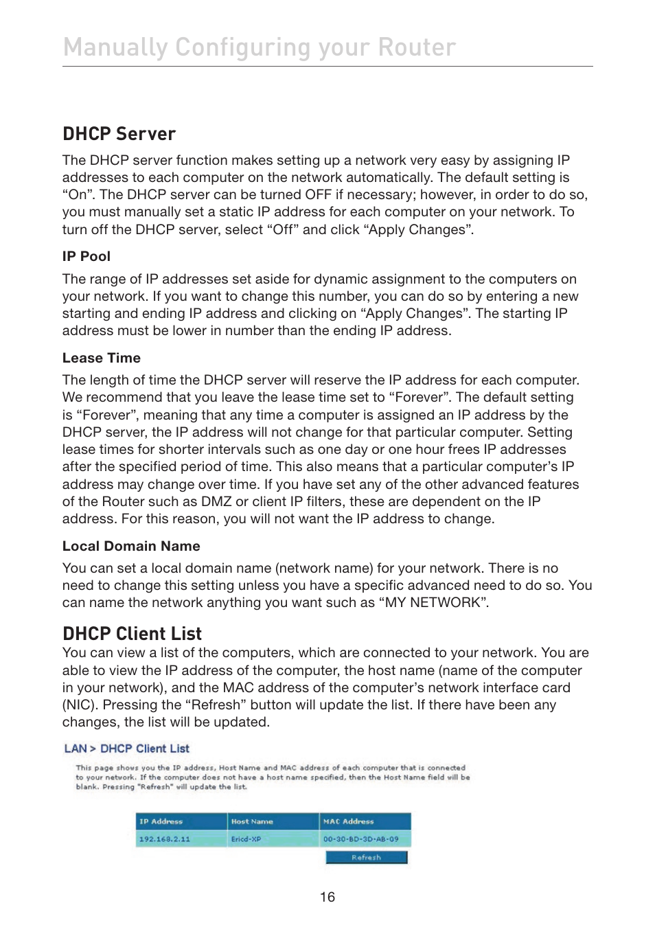 Manually configuring your router, Dhcp server, Dhcp client list | Belkin ADSL2+ Modem with Wireless G Router F5D7632uk4A User Manual | Page 20 / 86