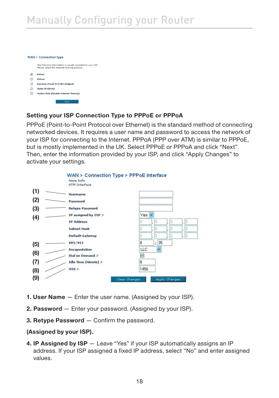 Manually configuring your router | Belkin ADSL2+ Modem with Wireless G Router F5D7632uk4A User Manual | Page 22 / 86