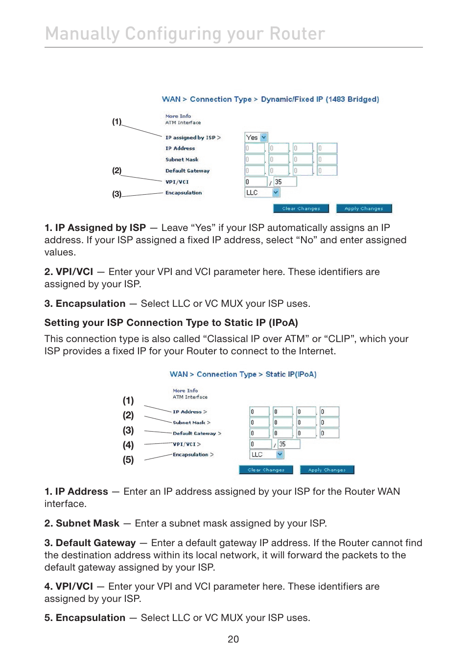 Manually configuring your router | Belkin ADSL2+ Modem with Wireless G Router F5D7632uk4A User Manual | Page 24 / 86