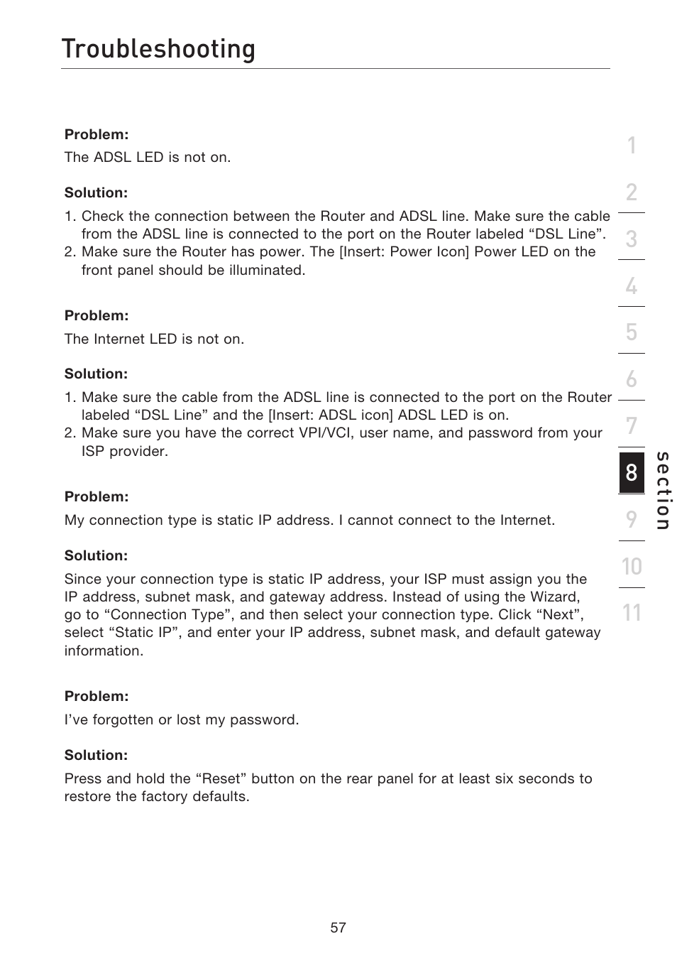 Troubleshooting, Se ct io n | Belkin ADSL2+ Modem with Wireless G Router F5D7632uk4A User Manual | Page 61 / 86