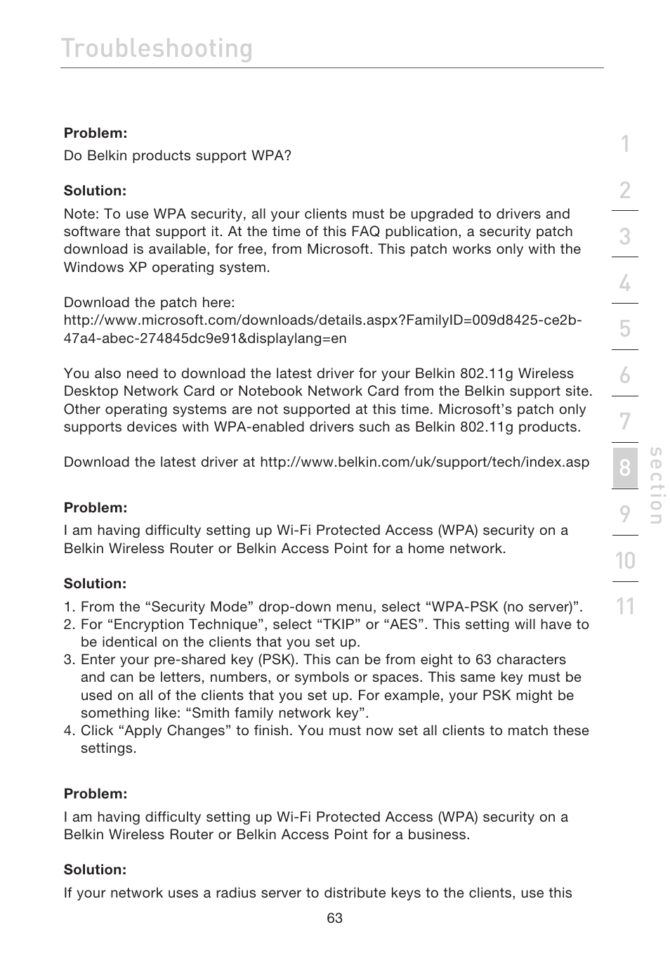 Troubleshooting, Se ct io n | Belkin ADSL2+ Modem with Wireless G Router F5D7632uk4A User Manual | Page 67 / 86