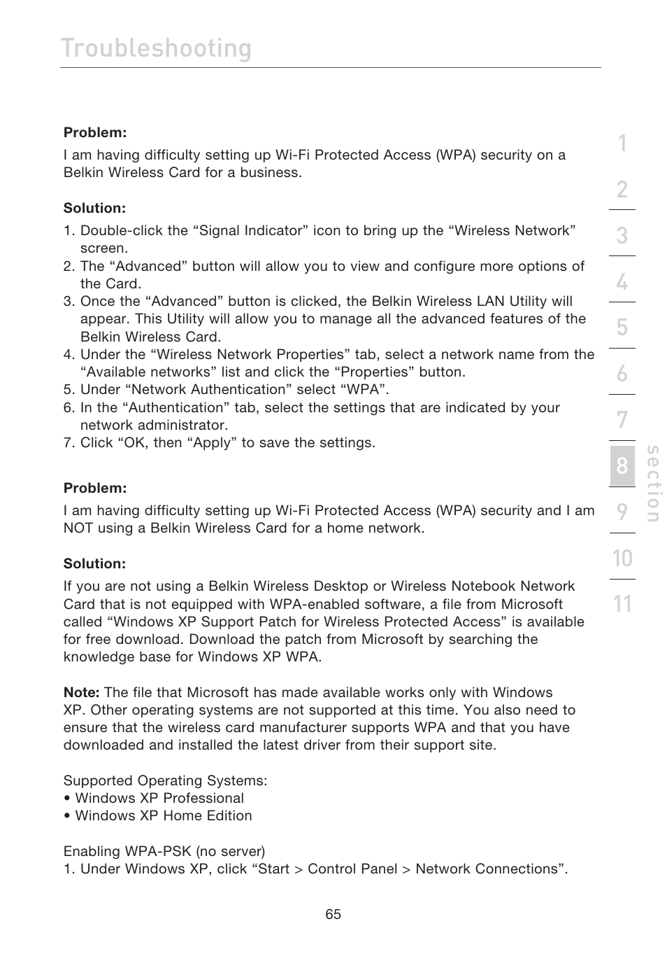 Troubleshooting, Se ct io n | Belkin ADSL2+ Modem with Wireless G Router F5D7632uk4A User Manual | Page 69 / 86