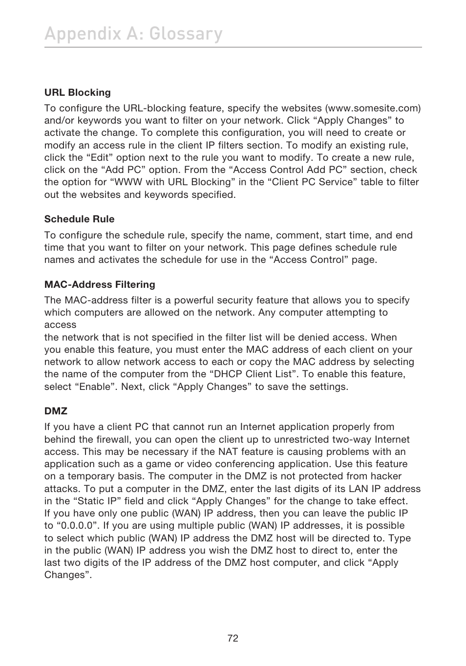 Appendix a: glossary | Belkin ADSL2+ Modem with Wireless G Router F5D7632uk4A User Manual | Page 76 / 86