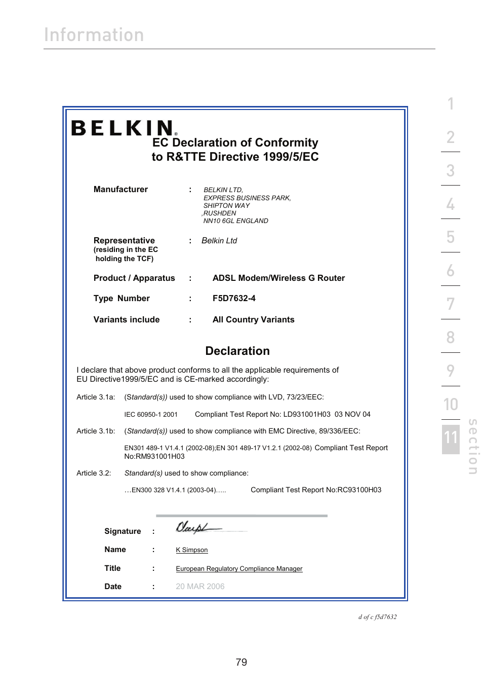 Information, Se ct io n, Declaration | Belkin ADSL2+ Modem with Wireless G Router F5D7632uk4A User Manual | Page 83 / 86