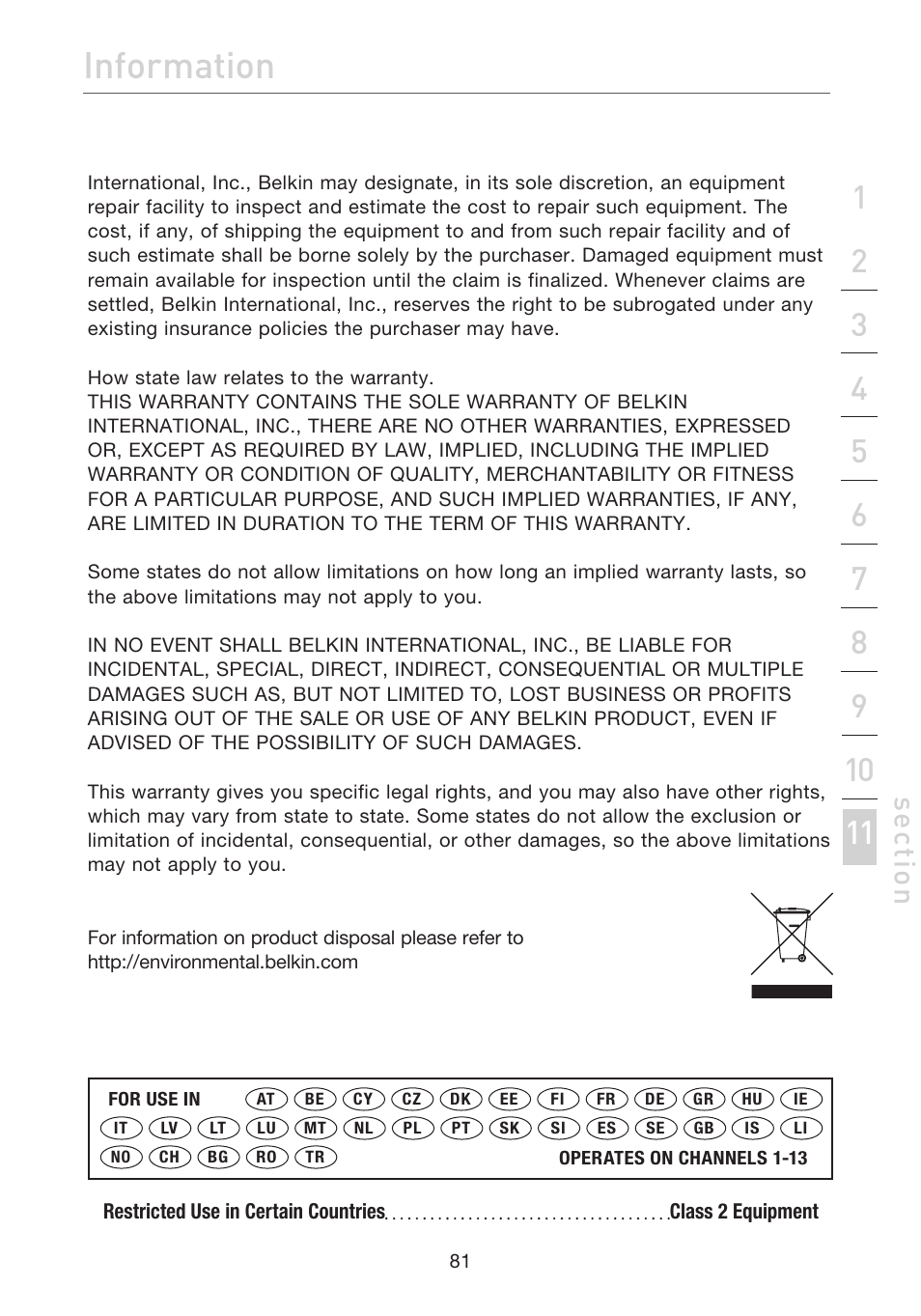 Information, Se ct io n | Belkin ADSL2+ Modem with Wireless G Router F5D7632uk4A User Manual | Page 85 / 86