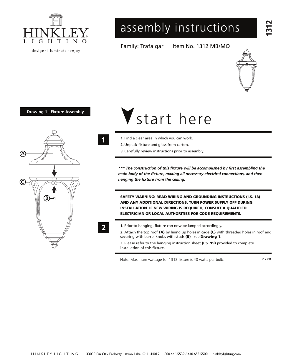 Hinkley Lighting TRAFALGAR 1312 User Manual | 3 pages
