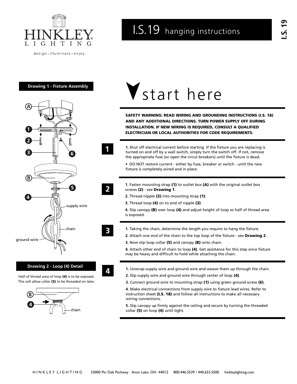 Start here, I.s.19, Hanging instructions i.s . 19 | Hinkley Lighting TRAFALGAR 1312 User Manual | Page 2 / 3
