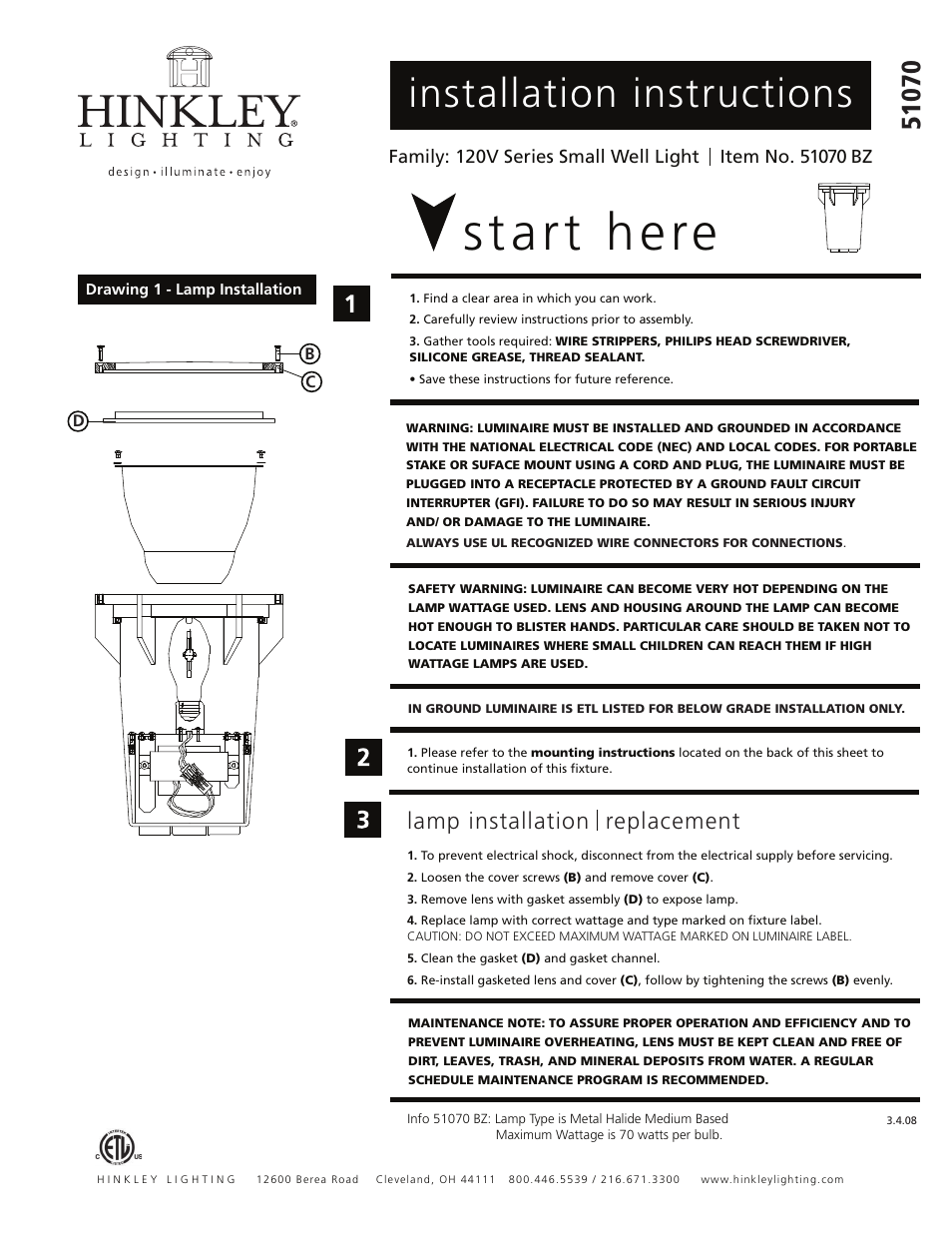 Hinkley Lighting 70W-MH IN-GROUND WELL LIGHT 51070 User Manual | 2 pages