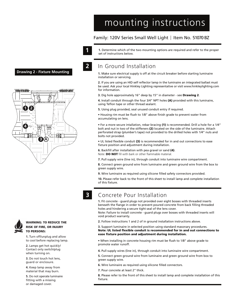 Is51070back.ai, Mounting instructions, Concrete pour installation | Hinkley Lighting 70W-MH IN-GROUND WELL LIGHT 51070 User Manual | Page 2 / 2