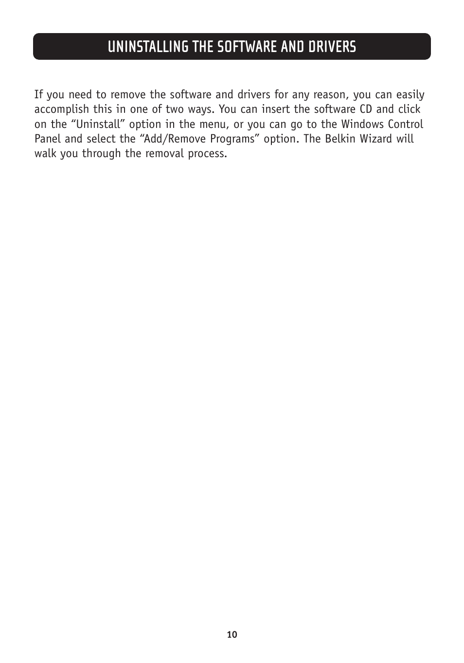 Uninstalling the software and drivers | Belkin F5D4050 User Manual | Page 12 / 21