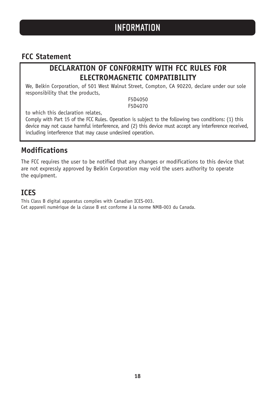Information | Belkin F5D4050 User Manual | Page 20 / 21