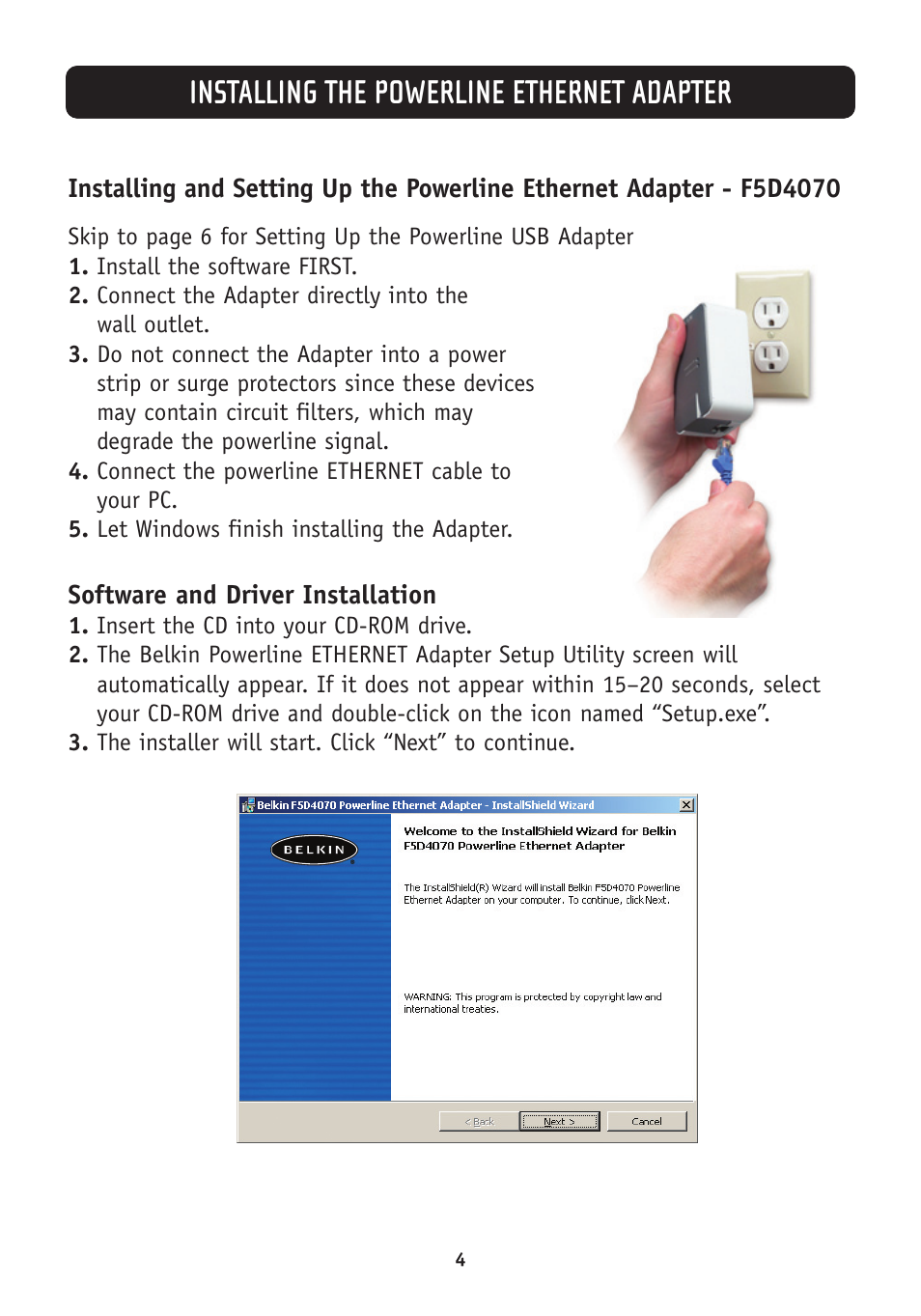 Installing the powerline ethernet adapter | Belkin F5D4050 User Manual | Page 6 / 21