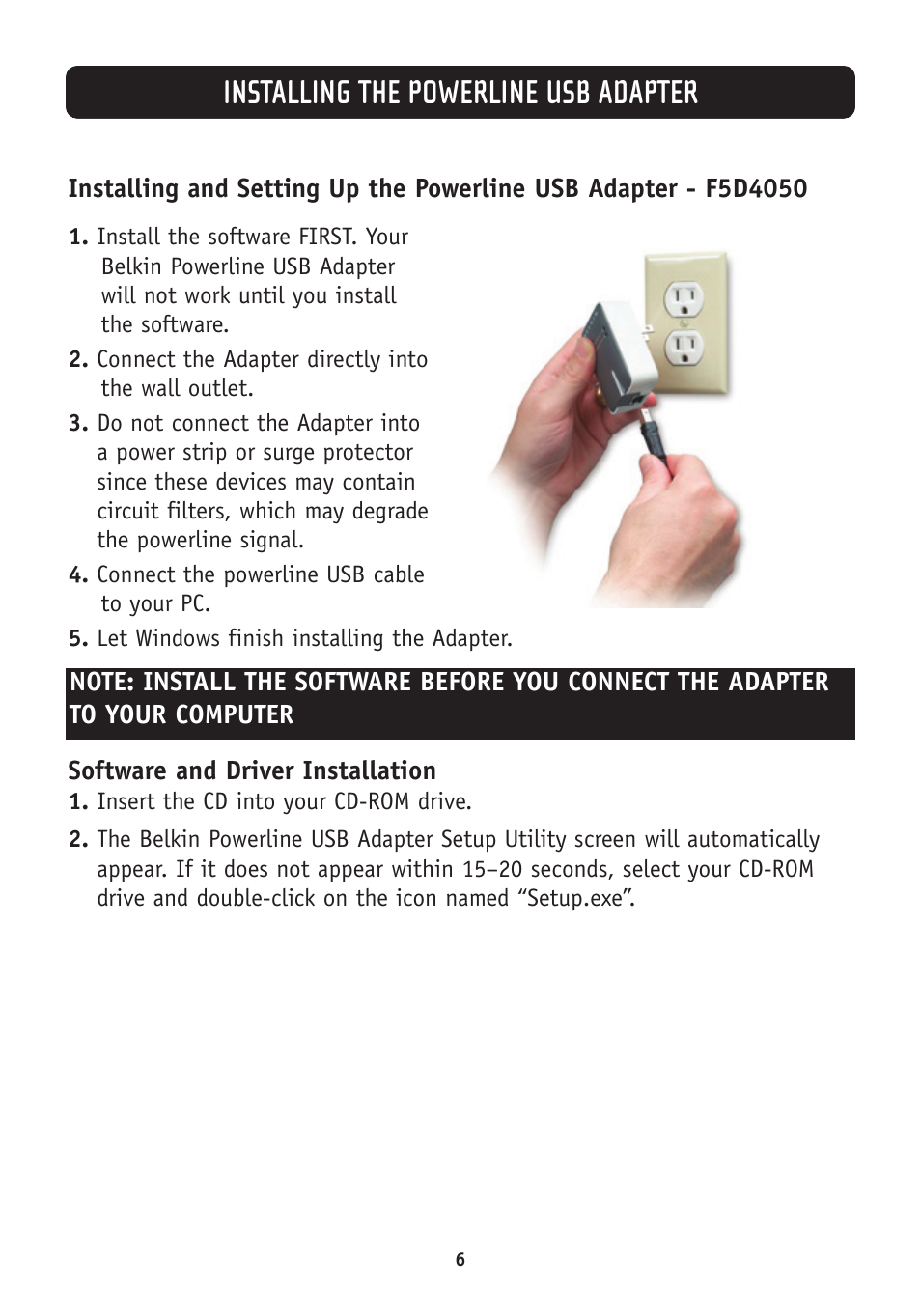 Installing the powerline usb adapter | Belkin F5D4050 User Manual | Page 8 / 21