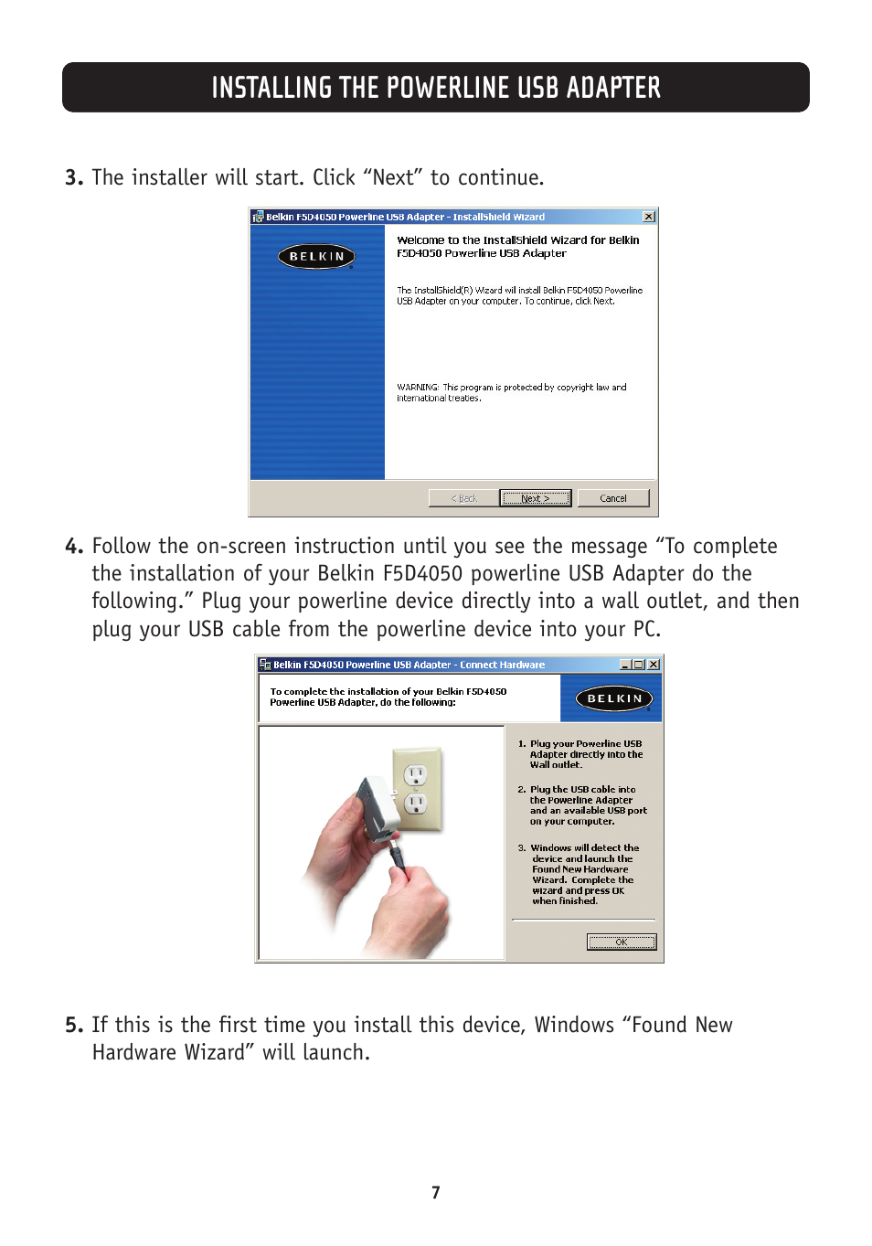 Installing the powerline usb adapter | Belkin F5D4050 User Manual | Page 9 / 21