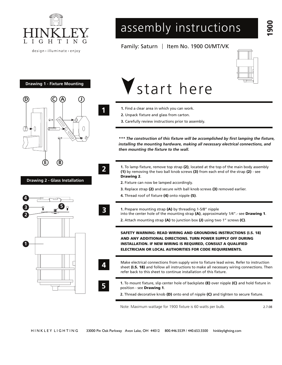 Hinkley Lighting SATURN 1900 User Manual | 3 pages
