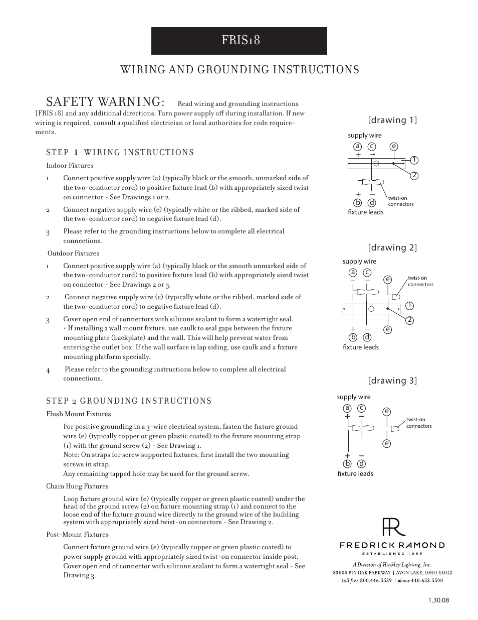 Safety warning, Fris18, Wiring and grounding instructions | Hinkley Lighting MIDDLEFIELD FR40578IRR User Manual | Page 3 / 3