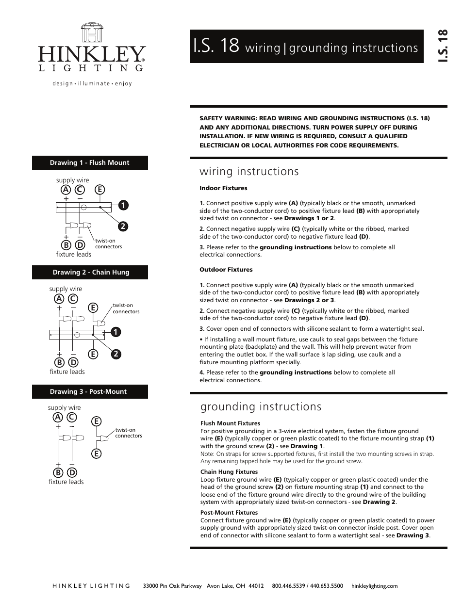 I.s. 18, I.s . 18, Wiring grounding instructions | Wiring instructions, Grounding instructions | Hinkley Lighting PLYMOUTH 4243OB User Manual | Page 3 / 3